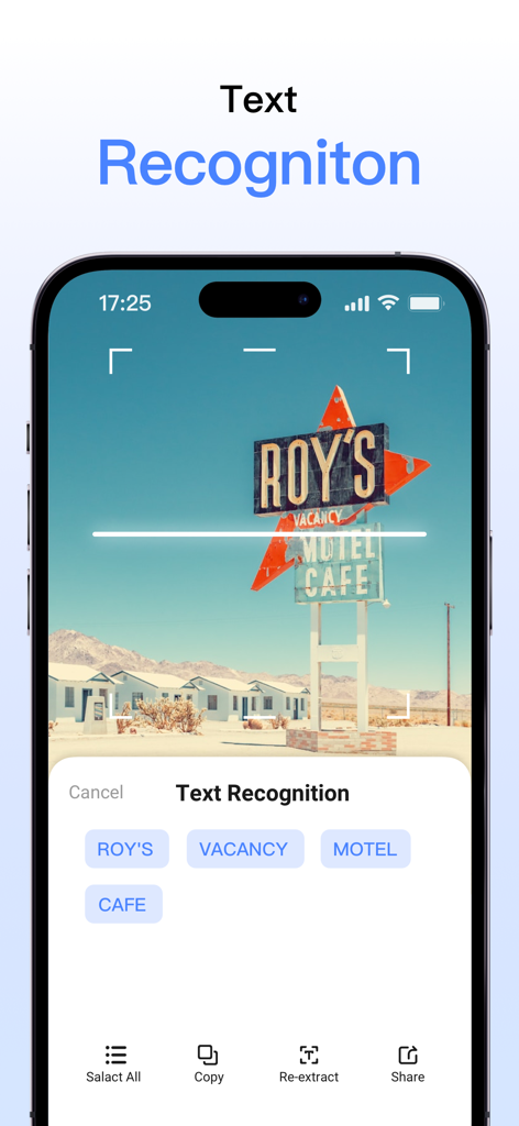 Phone Cleaner: Clean Up Smart - Screenshot showing the Text Recognition feature extracting words from a photo of a vintage motel sign in the Phone Cleaner app.