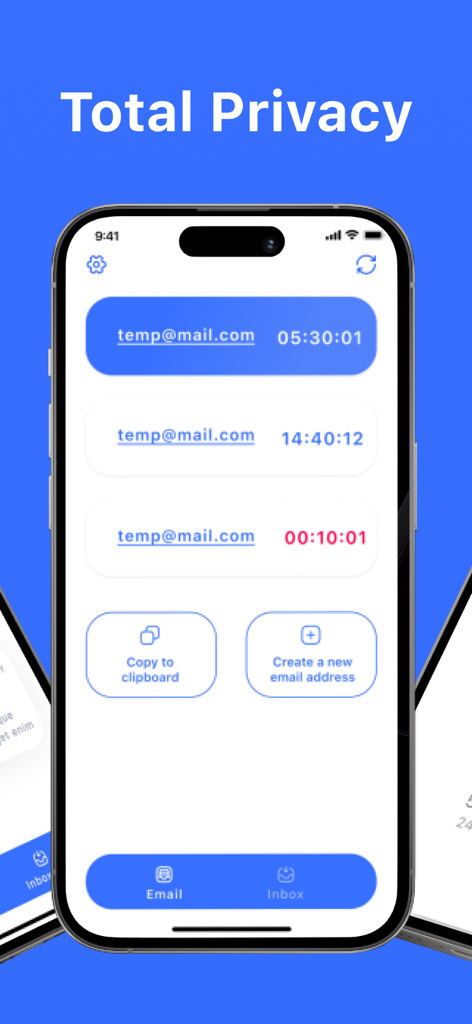 Temp Mail app interface showing generated disposable email addresses and privacy header