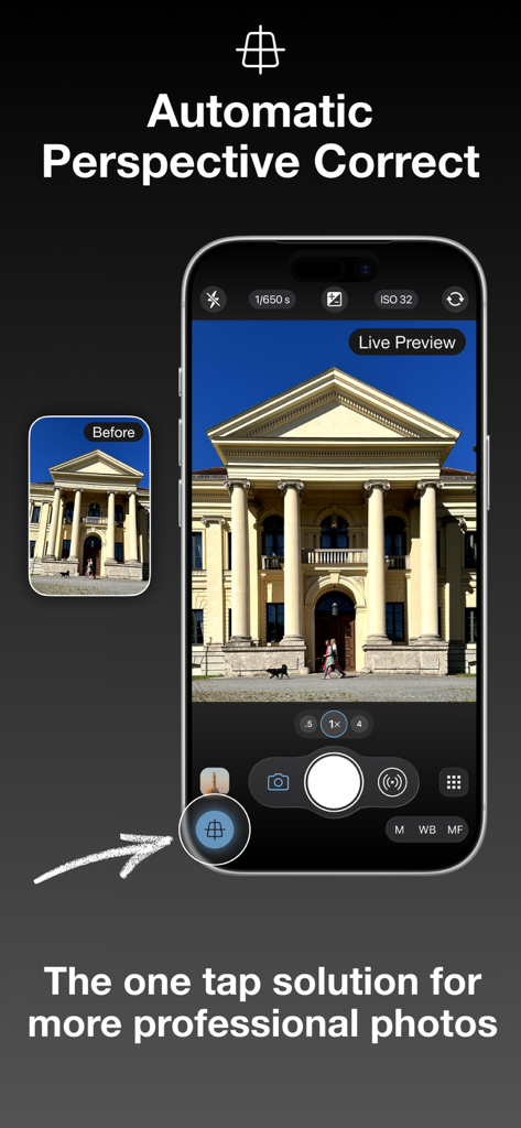 ProCamera. Professional Camera - ProCamera app interface showing live automatic perspective correction for architectural photography