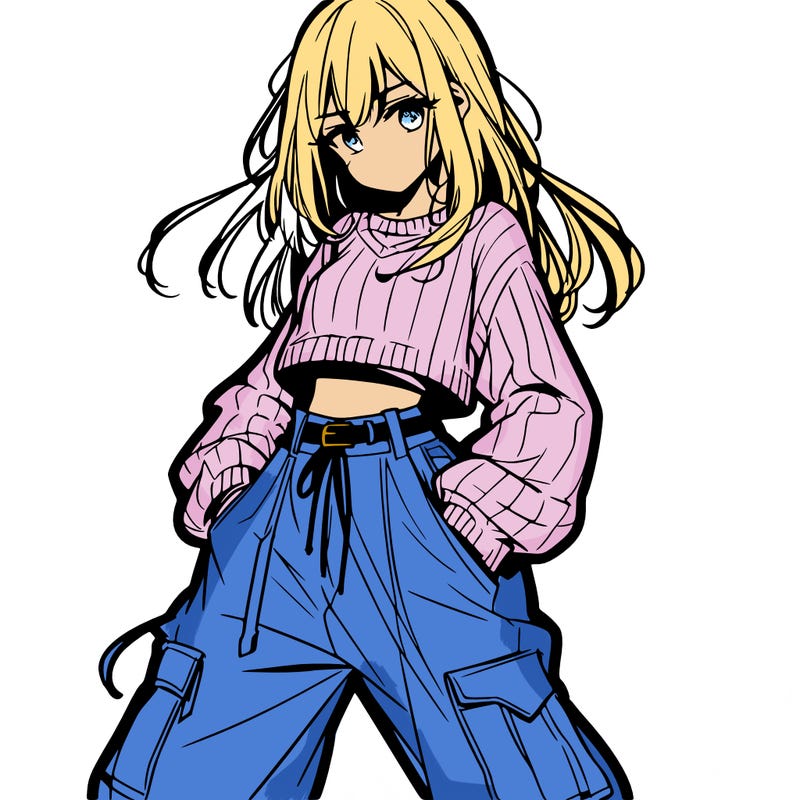 anime teen girl with baggy pants and crop top with sweater