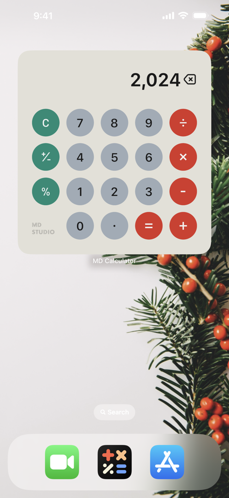 MD Calculator - MD Calculator interactive widget on an iPhone home screen featuring a festive holiday background