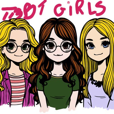 trio of girls one has long curly hair and glasses the other one has medium straight hair with glasses and the other one has long straight hair