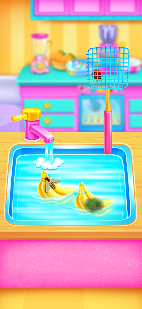 Ice Cream Sandwich Shop - A colorful cartoon kitchen sink with bananas being washed and a fly swatter nearby