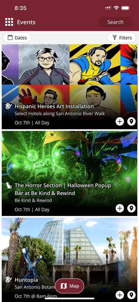 Visit San Antonio TX - Visit San Antonio モバイルアプリの、アートインスタレーションやポップアップバーなど、今後の地元イベントやアクティビティのリスト。