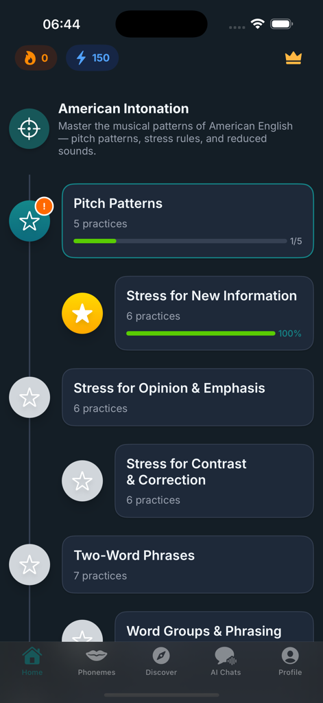 American Intonation learning modules within the Accent Training app interface