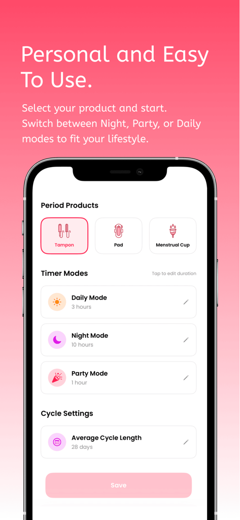 Tampon Timer - Period Tracker - A screenshot of the Tampon Timer app interface showing selection options for menstrual products and customizable timer modes like daily and night.
