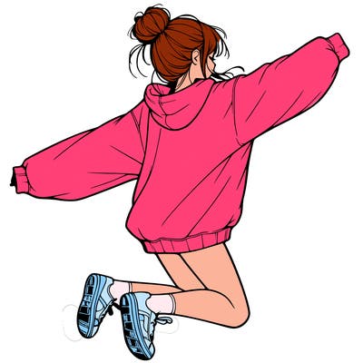 realistic girl jumping with a bun and oversized sweatshirt
