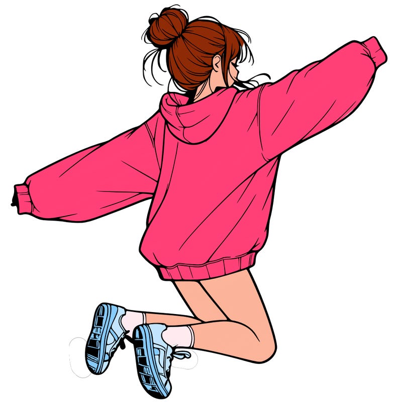 realistic girl jumping with a bun and oversized sweatshirt