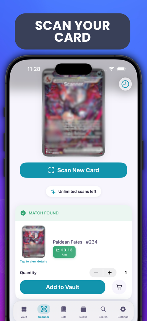 Poke TCG Vault - Card Value - Función de escáner de la aplicación Poke TCG Vault mostrando el reconocimiento de cartas y el valor de mercado