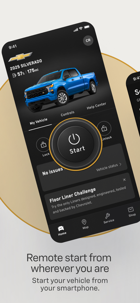 Interface of the myChevrolet app showing the remote start button and a blue 2025 Silverado truck.