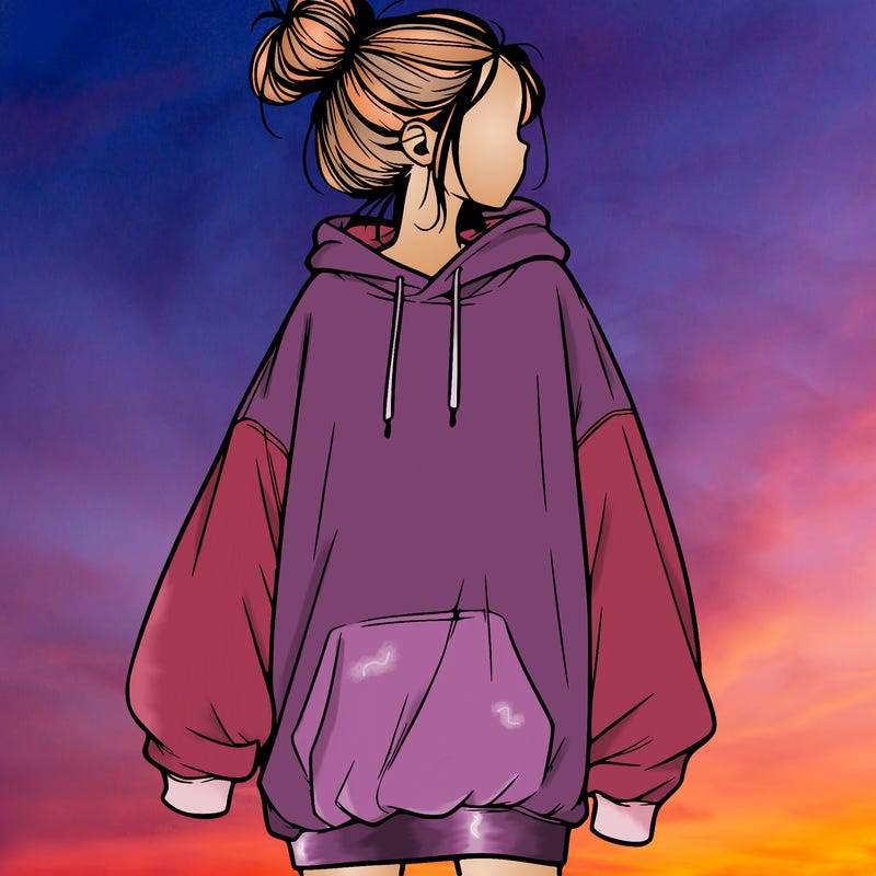 realistic girl with a oversized sweatshirt on and a bun