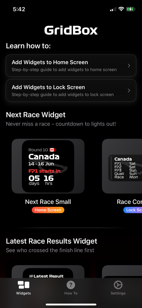 GridBox: F1 Widgets - 홈 및 잠금 화면용 포뮬러 1 레이스 카운트다운 위젯을 보여주는 GridBox 앱의 메인 메뉴