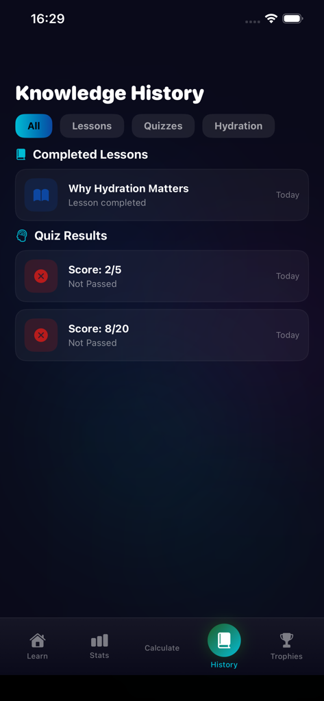PetRoad-knowledge - Knowledge History screen showing completed lessons and recent quiz results in the PetRoad-knowledge app
