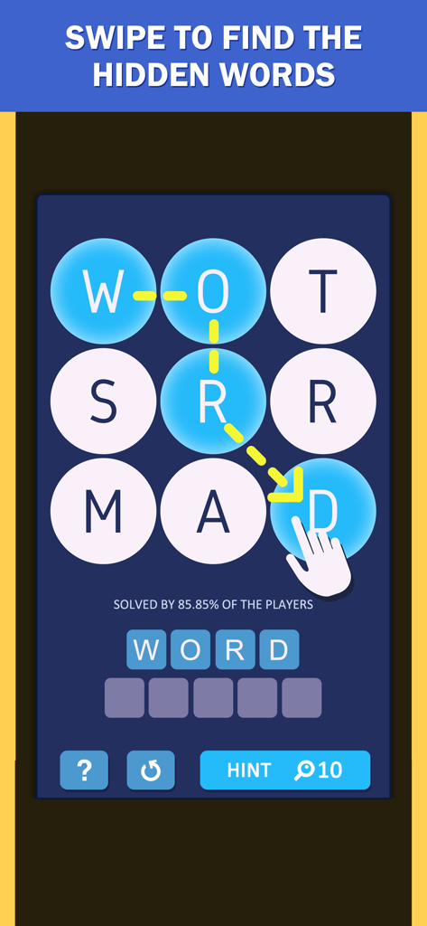 A screenshot of the Word Spark mobile game showing a 3x3 grid of letters with the word WORD being swiped