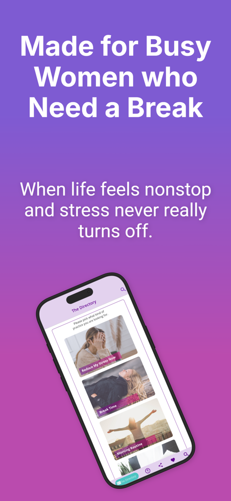 Relax Now: Mental Relaxation - Screenshot der Relax Now App, der Funktionen zur Stressbewältigung für vielbeschäftigte Frauen hervorhebt.