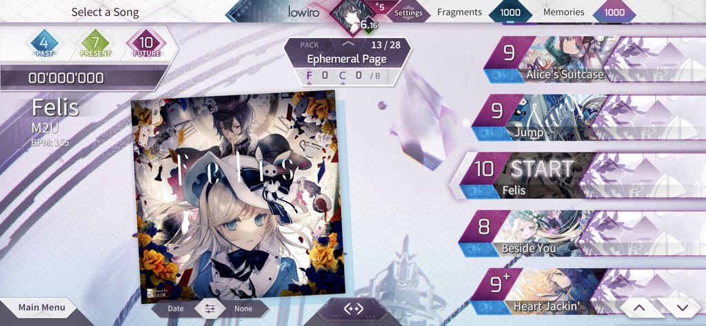 Arcaea rhythm game song selection screen featuring anime character art for the song Felis and a list of music tracks with difficulty levels