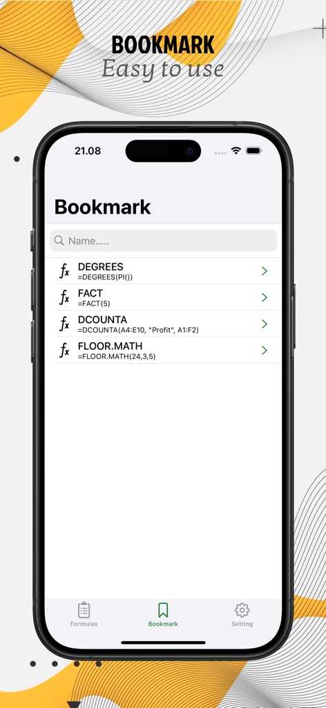 Excel Formulas Complete - Una captura de pantalla móvil que muestra la sección de marcadores de la aplicación Fórmulas de Excel Completas con una lista de funciones de hoja de cálculo guardadas.