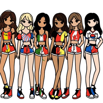 a group of girls wearing crop tops and shorts