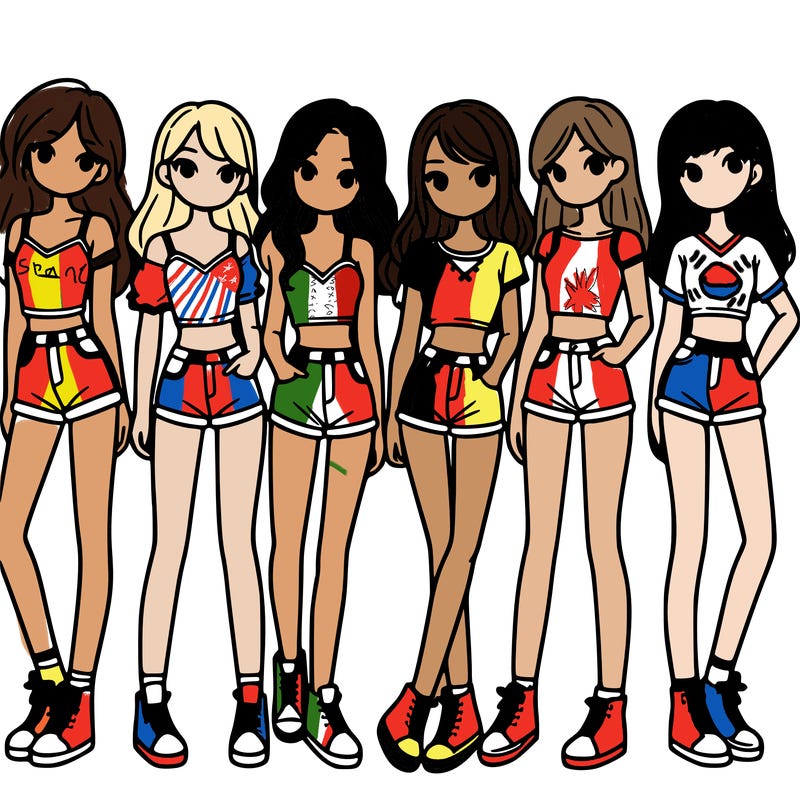 a group of girls wearing crop tops and shorts