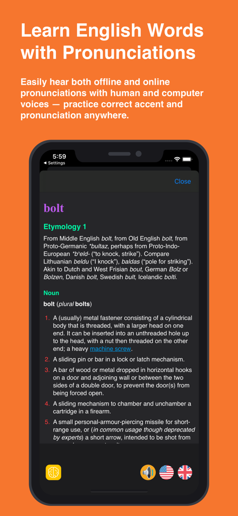 English Dictionary – Offline - Vocapture app interface displaying the definition and etymology of the word bolt with pronunciation icons