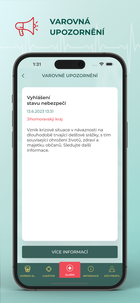 Smartphone interface of the Zachranka app displaying a public safety warning alert for a regional emergency