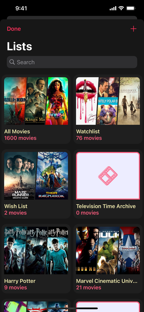 Interface of Cinema Time app showing movie lists including Watchlist and Marvel Cinematic Universe collections