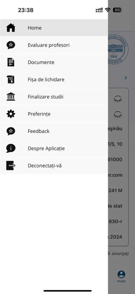 MyUTM Moldova - Side navigation menu of the MyUTM Moldova app displaying university student services.