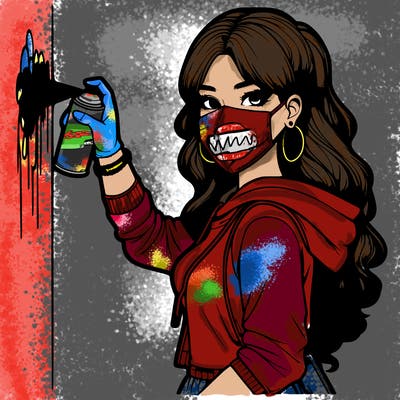 realistic girl with mask spray painting a wall