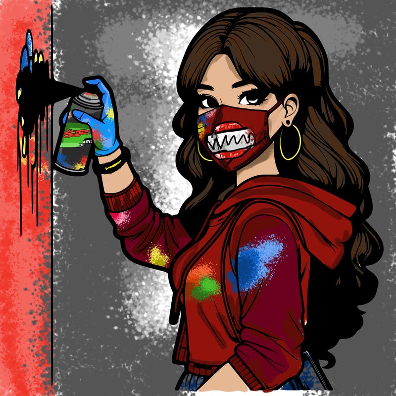 realistic girl with mask spray painting a wall