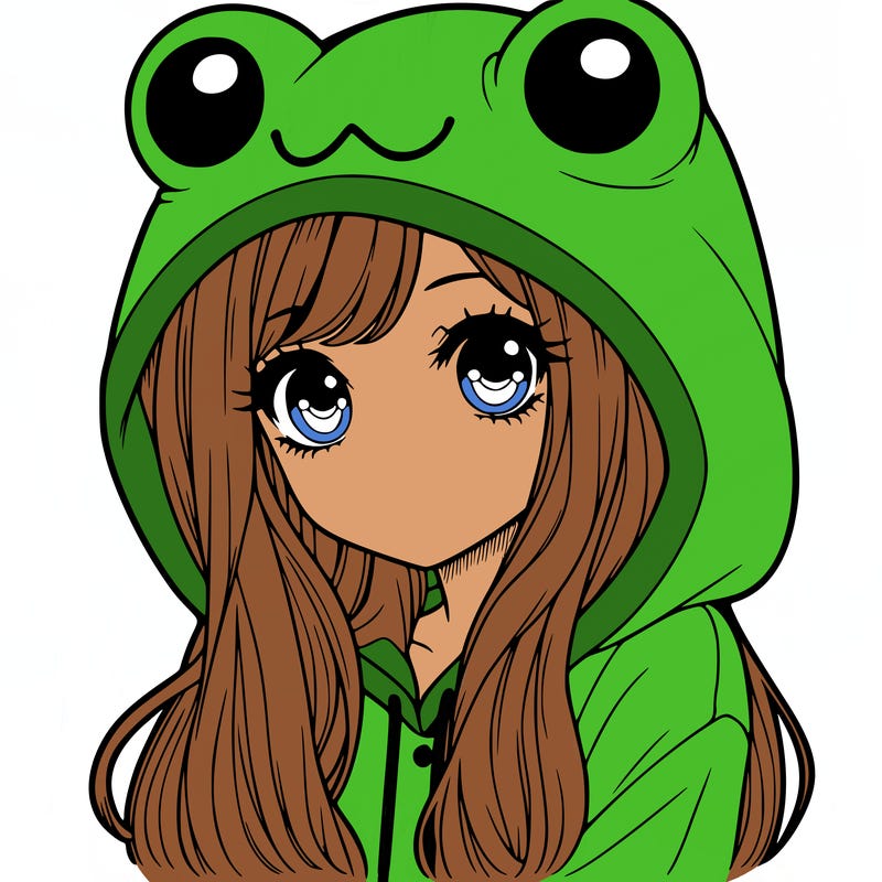 a pretty girl wearing a frog hoodie portrait with long hair