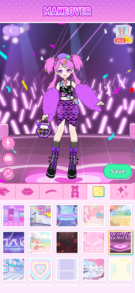 Sparkle Style: Dress up games - Pantalla de cambio de imagen en la aplicación Sparkle Style que muestra un avatar de anime estilizado en un escenario con una selección de diferentes temas de fondo debajo