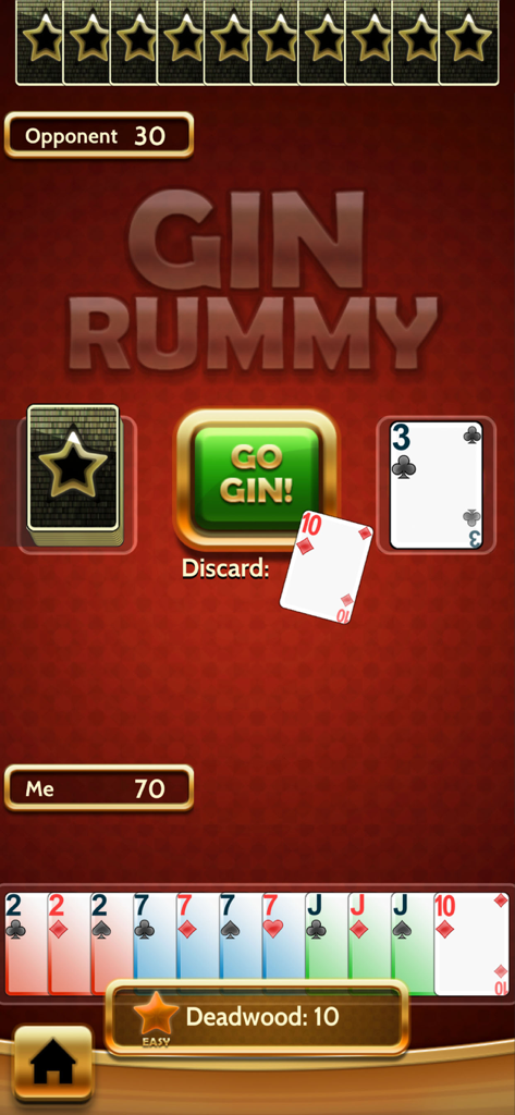 Interfaz del juego de cartas sin conexión Gin Rummy Classic mostrando la mano del jugador y las puntuaciones