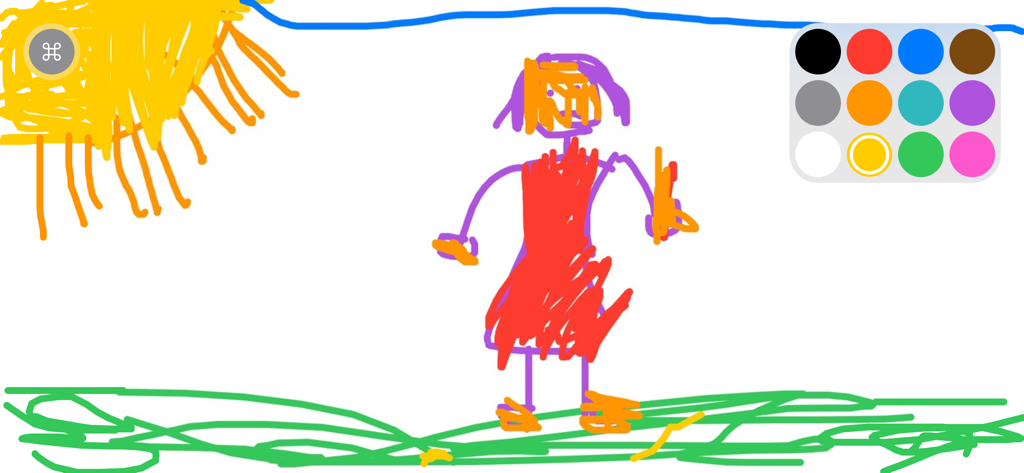 Whiteboard app interface showing a colorful child drawing of a person and sun with a color palette