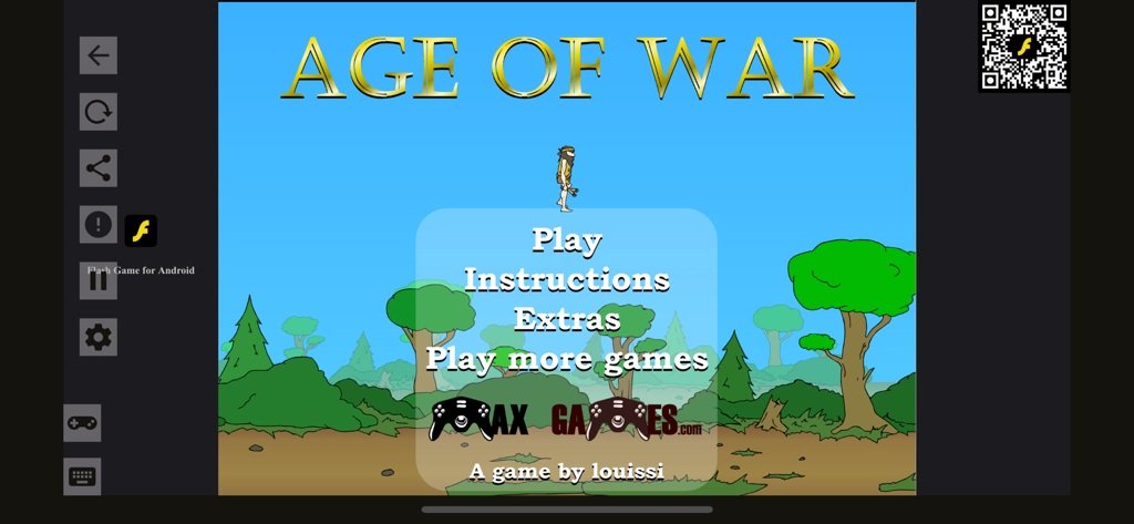 Screenshot del classico gioco Flash Age of War in esecuzione in un'app di emulatore mobile.