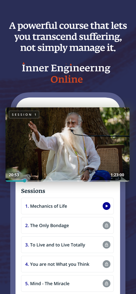 Inner Engineering Online course interface featuring video sessions and lessons in the Sadhguru app