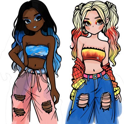2 girls in crop tops and baggy jeans ripped