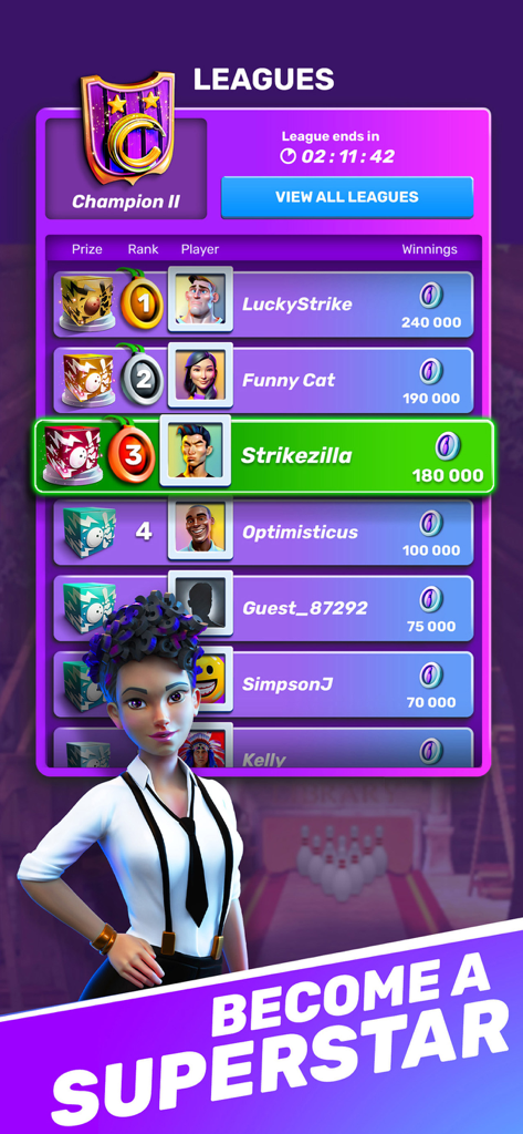 Bowling Clash leagues leaderboard showing player rankings and rewards