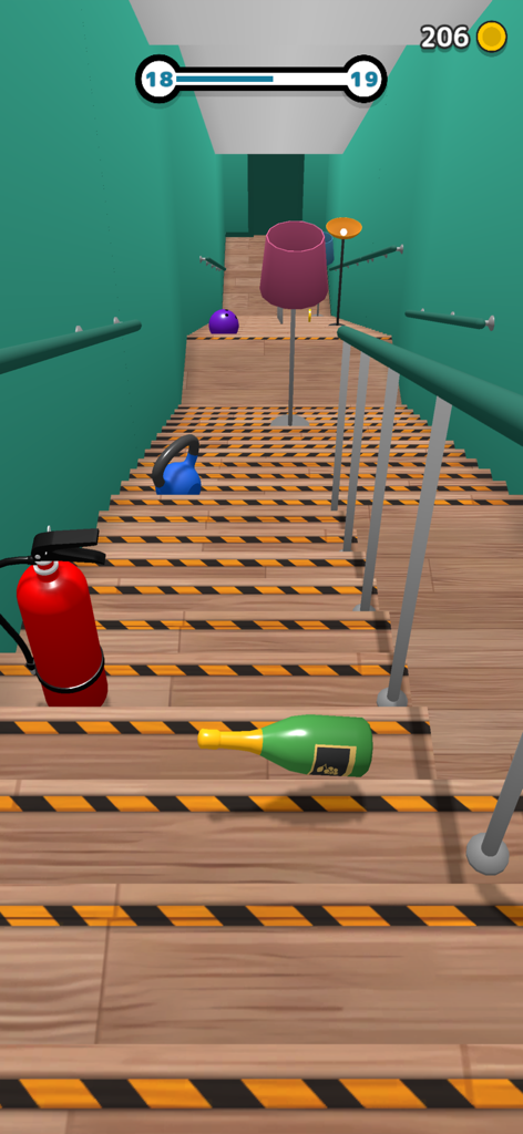 Rolling Down Bottles - A green bottle rolling down a wooden staircase past obstacles like a fire extinguisher and a kettlebell in a mobile game