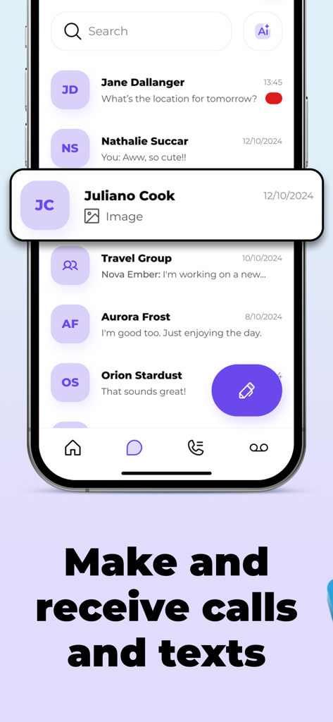 SLYNUMBER app interface showing a list of text message conversations and the text Make and receive calls and texts