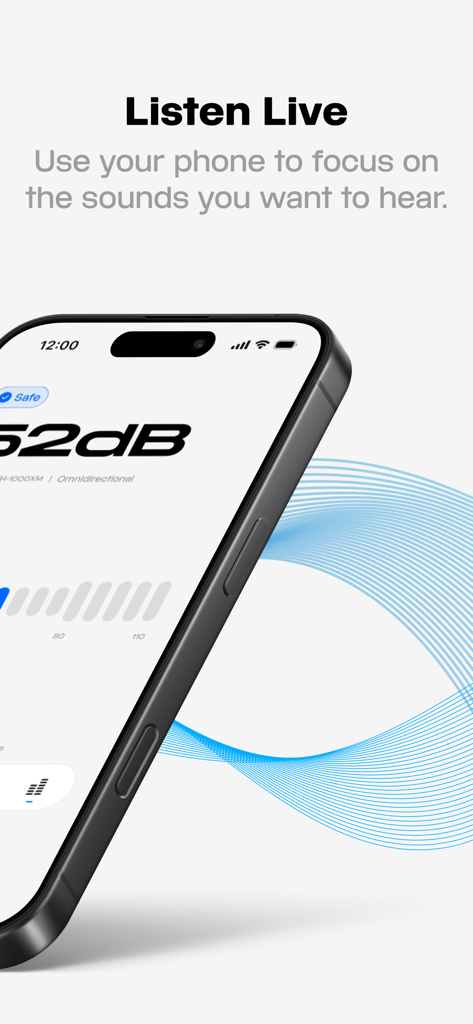 Microphone Live - Écran d'iPhone affichant la fonction Écoute en direct avec un décibelmètre en temps réel