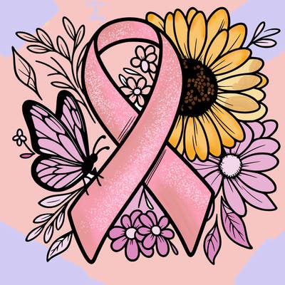 cancer awareness symbol with flowers and butterflies