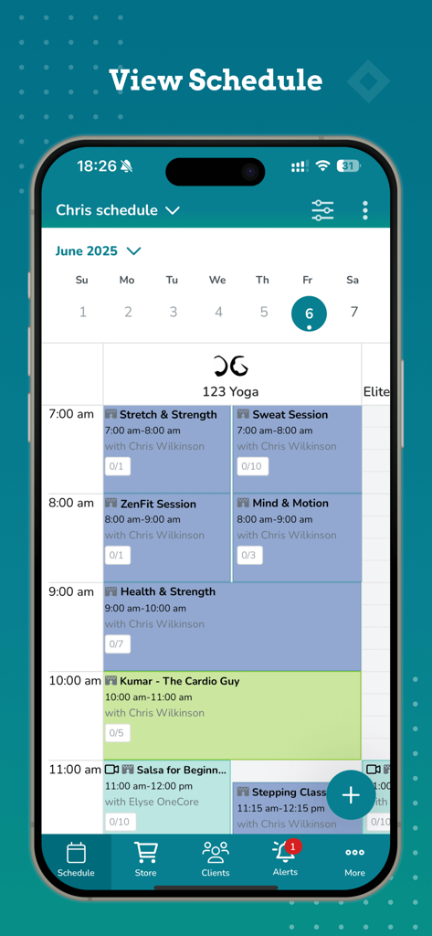 WellnessLiving Elevate - A mobile interface for the WellnessLiving Elevate app showing a daily work schedule for a fitness instructor with various class bookings