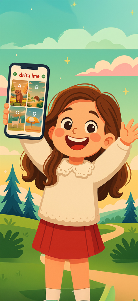 Drita ime - Una niña caricaturizada feliz sosteniendo un teléfono inteligente que muestra la pantalla de la aplicación de aprendizaje del alfabeto albanés Drita ime