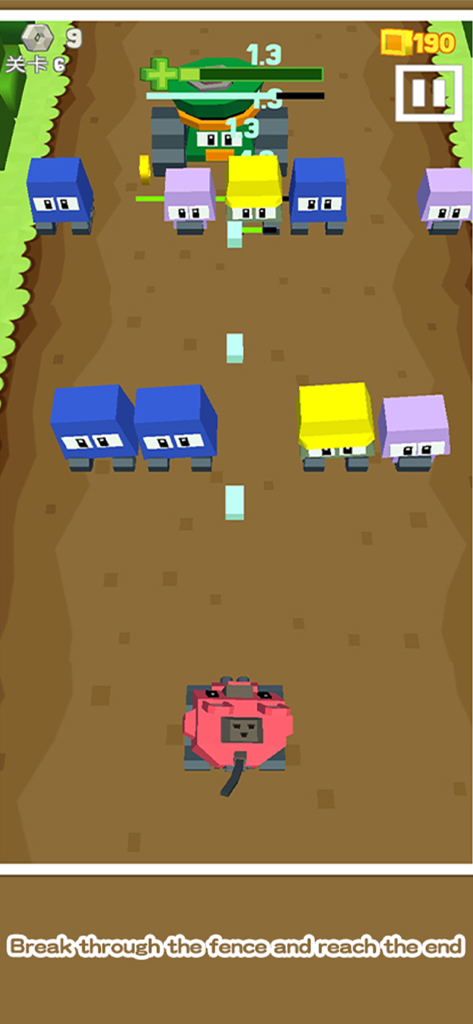 Blocky Craft - Top down view of a pink voxel tank shooting at blocky enemies and a large green tank in Blocky Craft.
