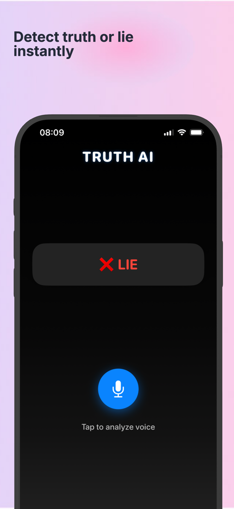 Screenshot of Truth AI app showing a lie result after voice analysis