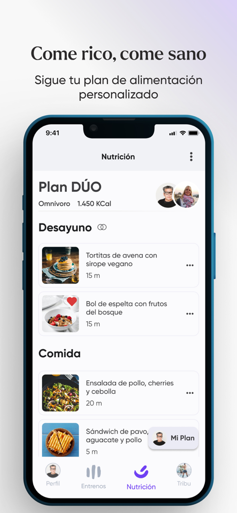 BeJao - Interfaz de la aplicación BeJao mostrando un plan de nutrición y comidas personalizado con opciones de comida saludable.