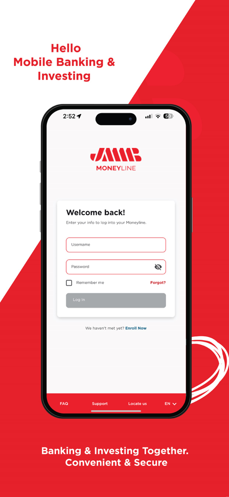 JMMB Moneyline mobile banking and investing app login screen