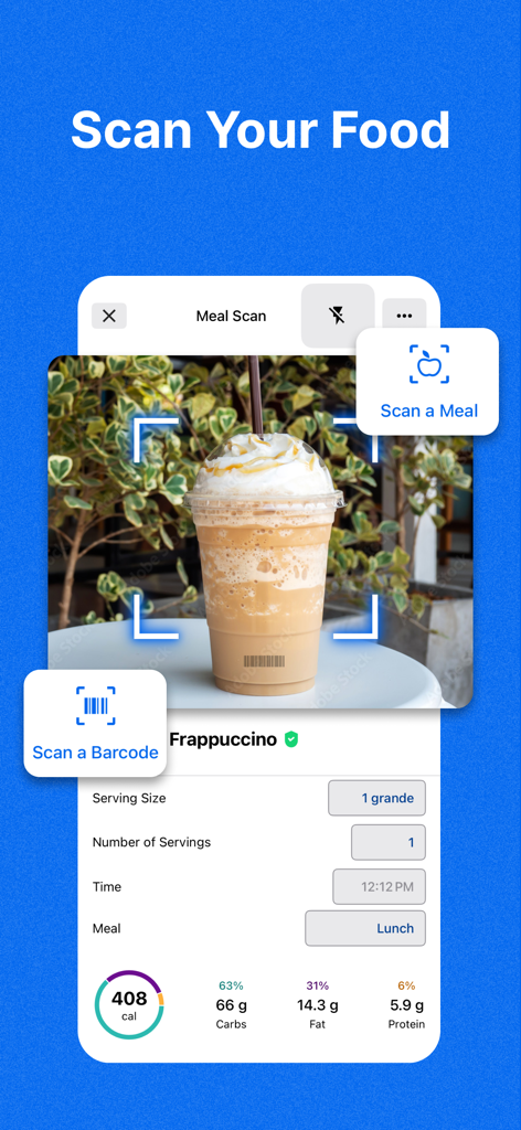 MyFitnessPal app screen showing the meal scan feature identifying a frappuccino and its nutritional data