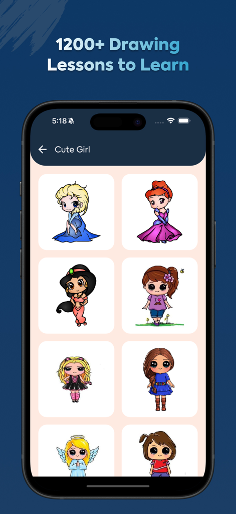 Eine Sammlung niedlicher Mädchencharaktere in einer Zeichen-Tutorial-App für Kinder