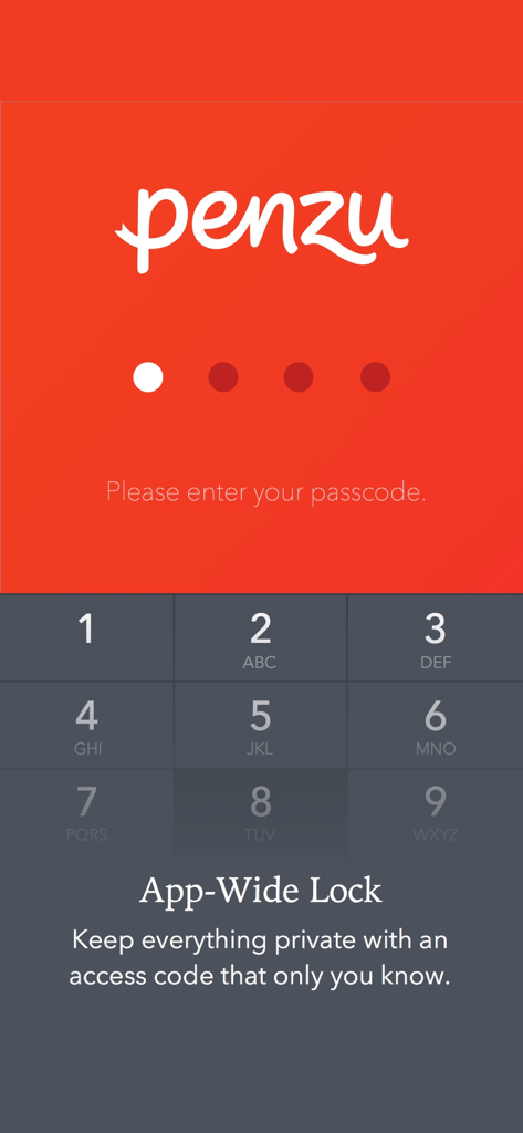 Penzu app security screen with a passcode keypad for private journal protection